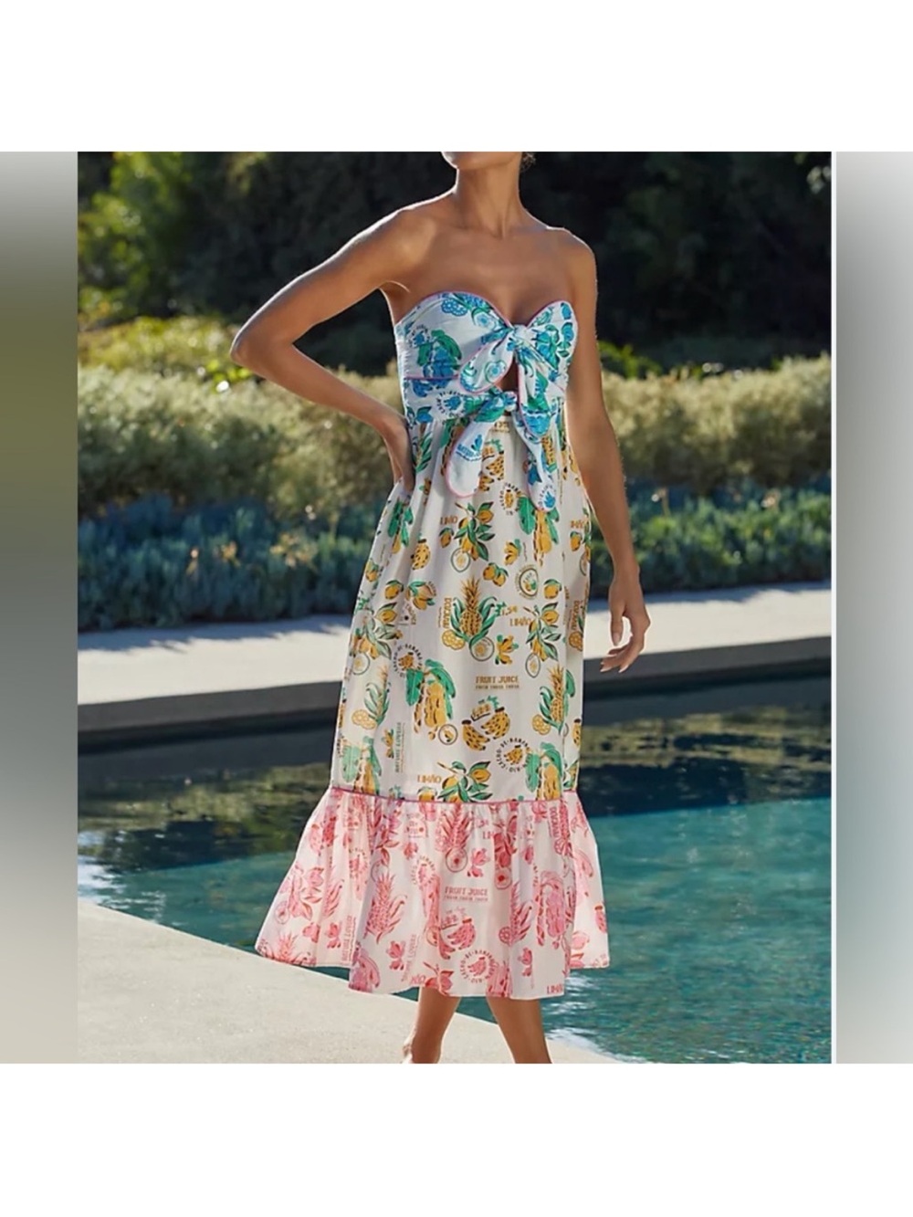 FARM Rio Strapless Maxi Dress in White, Pink & Teal
